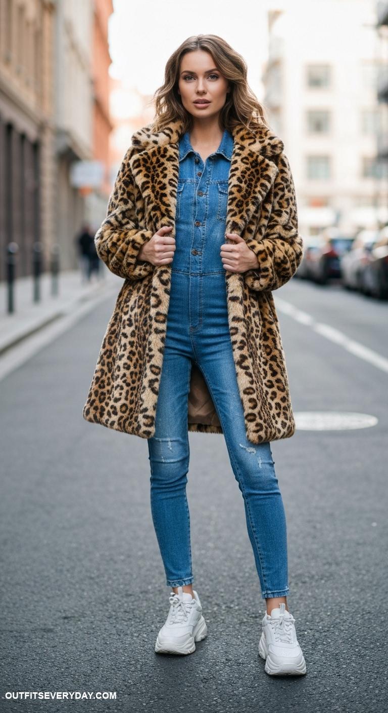 faux fur coat outfit Style a leopard print faux fur coat over a denim jumpsuit with chunky sneakers
