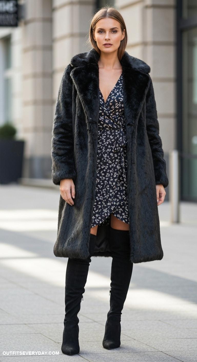 faux fur coat outfit Use a long black faux fur coat with a Midi wrap dress and thigh high boots