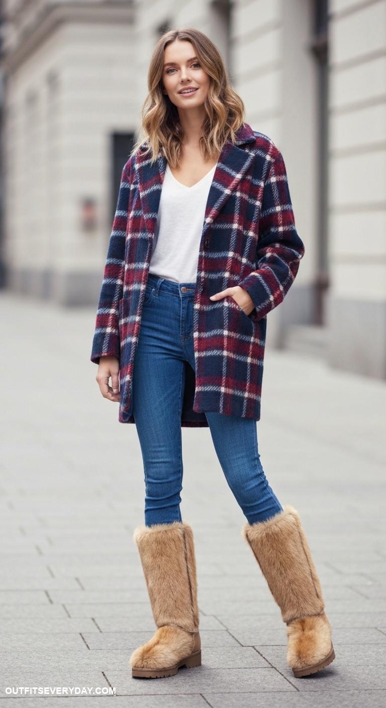 fur boots outfit Pair fur boots with a plaid oversized coat and skinny jeans
