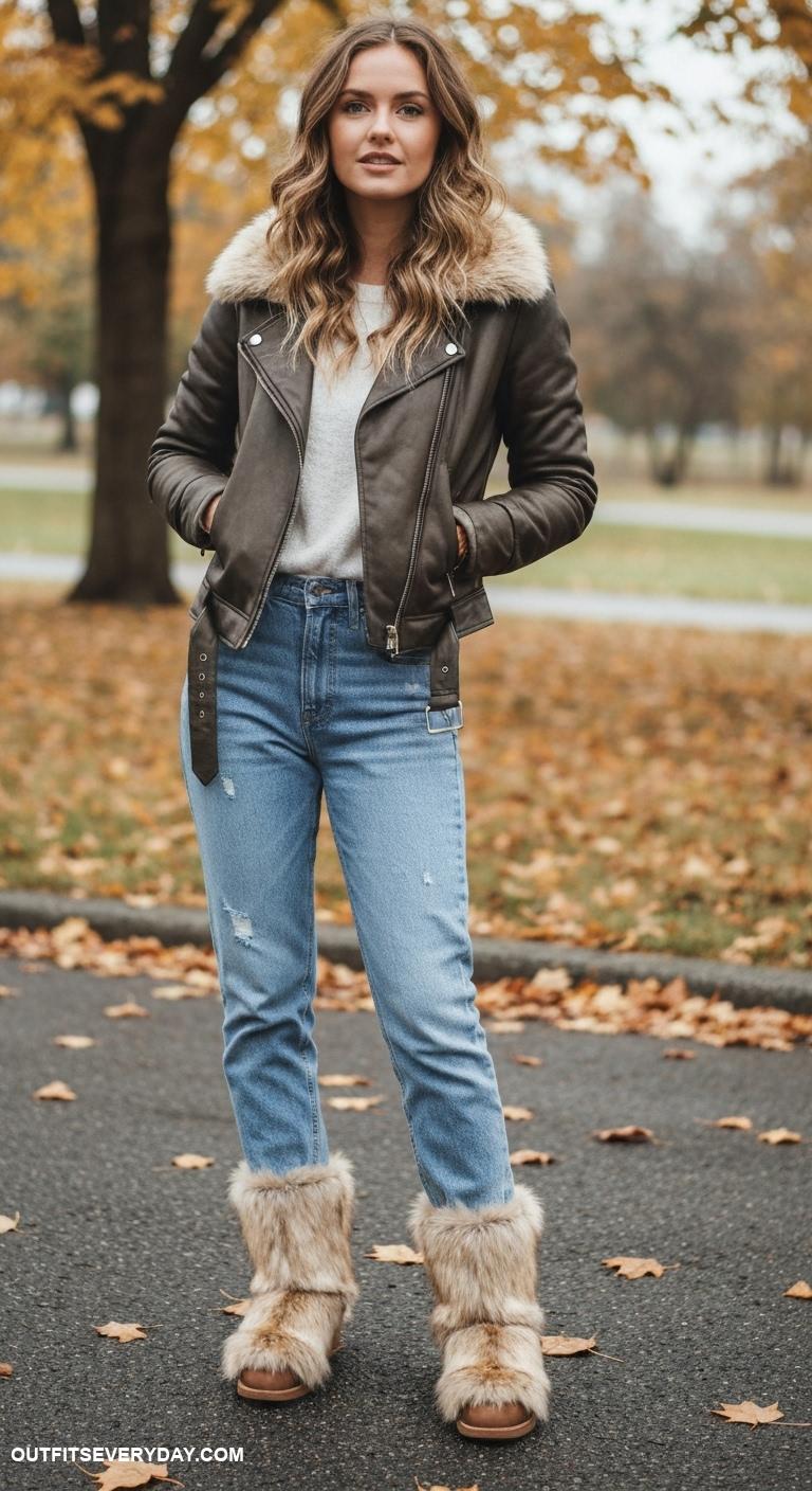 fur boots outfit Rock fur boots with an aviator jacket and high waisted mom jeans