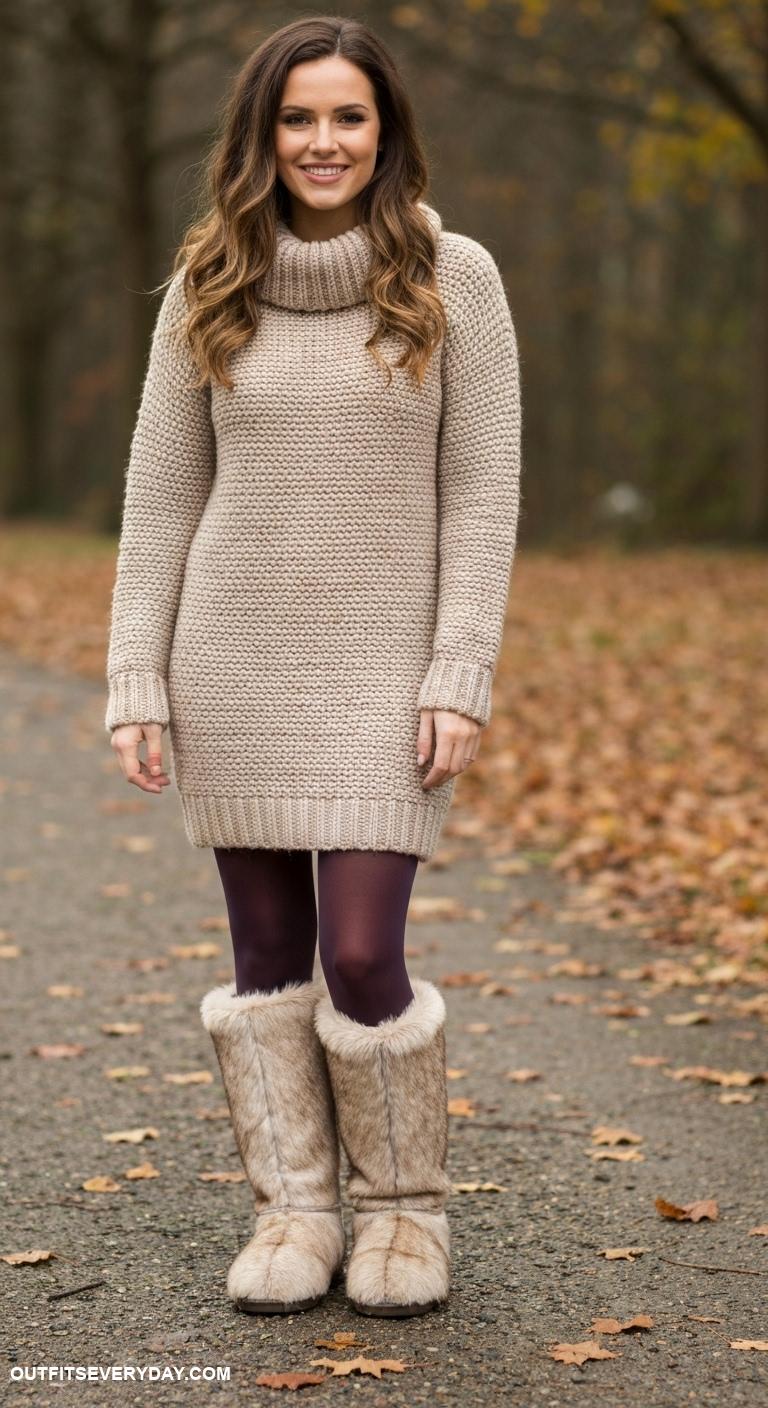 fur boots outfit Style fur boots with a chunky knit sweater dress and thick tights