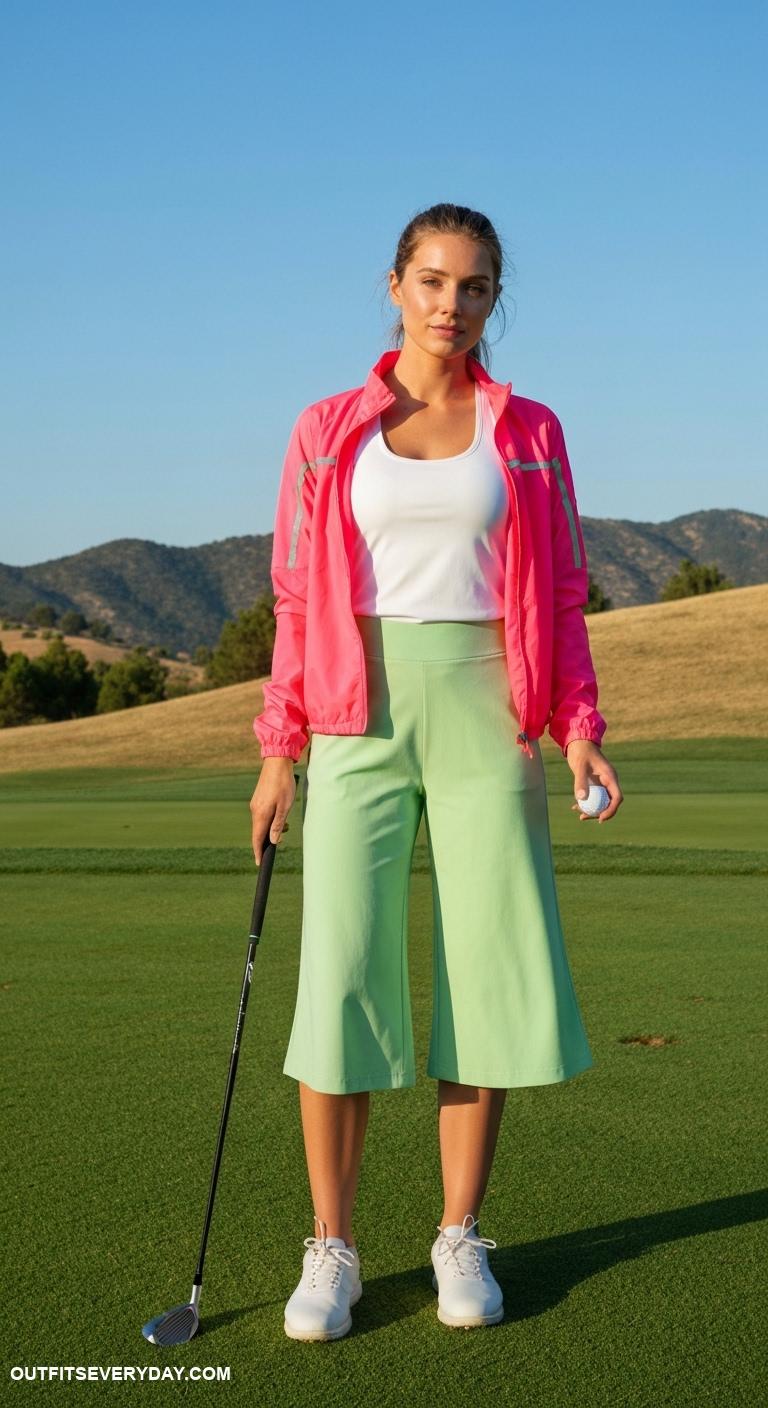 golf outfits women Brightly colored windbreaker over a racerback tank and culottes