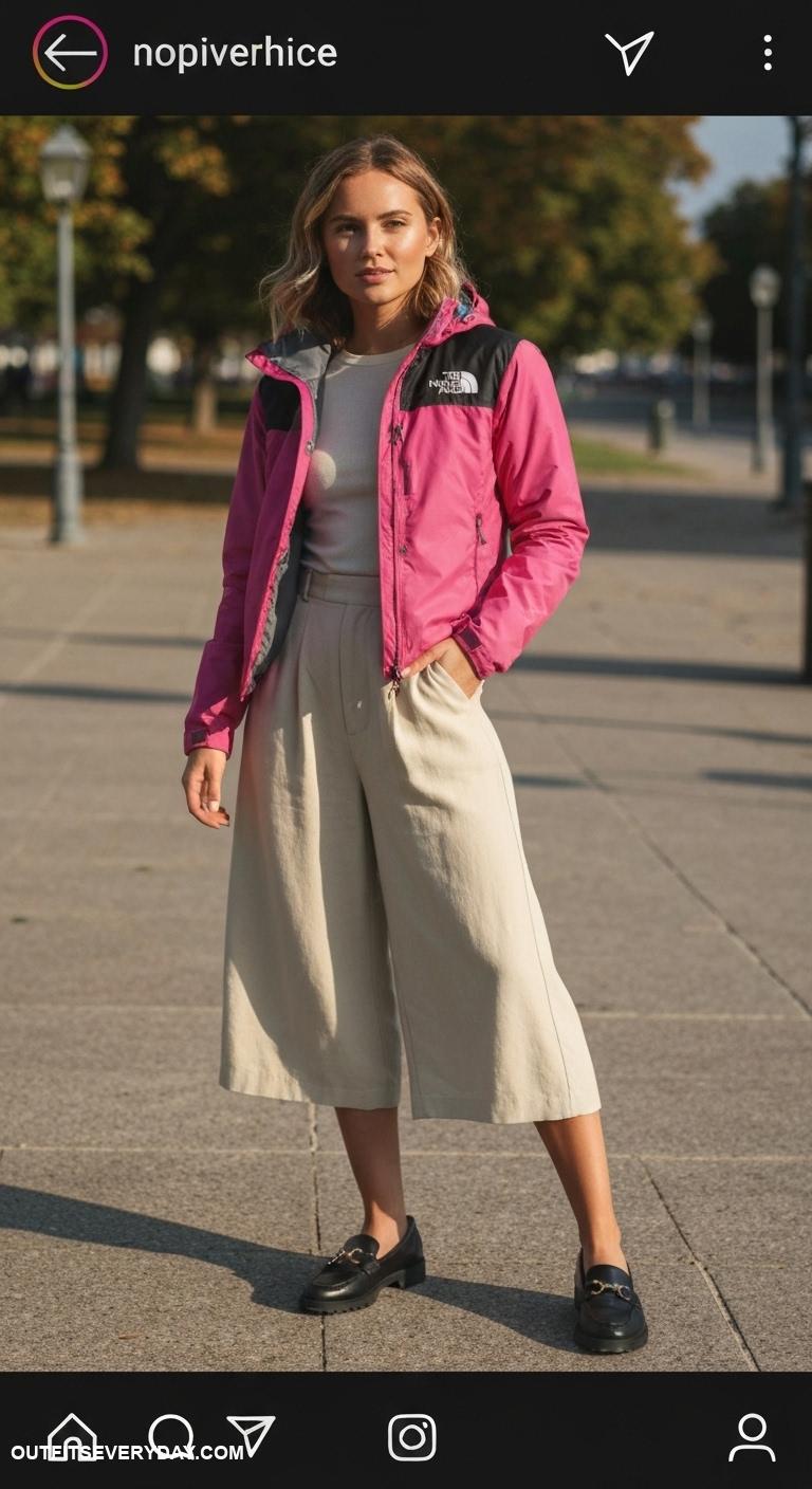 north face jacket outfit Combine with culottes and loafers for an elevated smart casual look