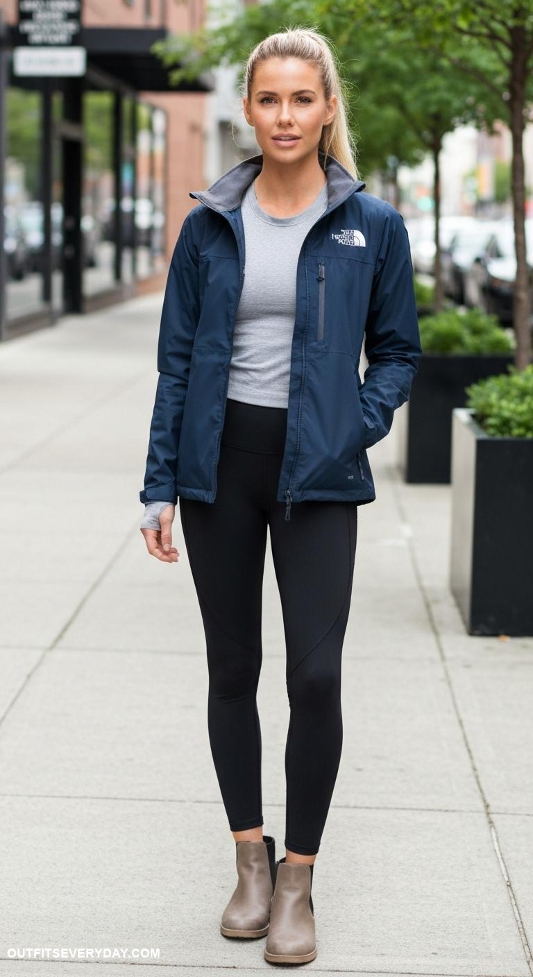 north face jacket outfit Combine with leggings and ankle boots for an active day look