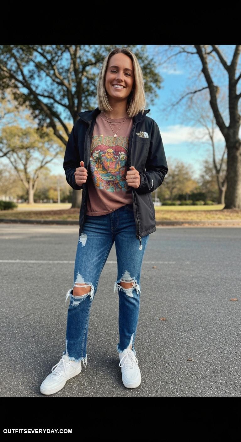 north face jacket outfit Layer with a graphic tee and distressed jeans for a casual vibe