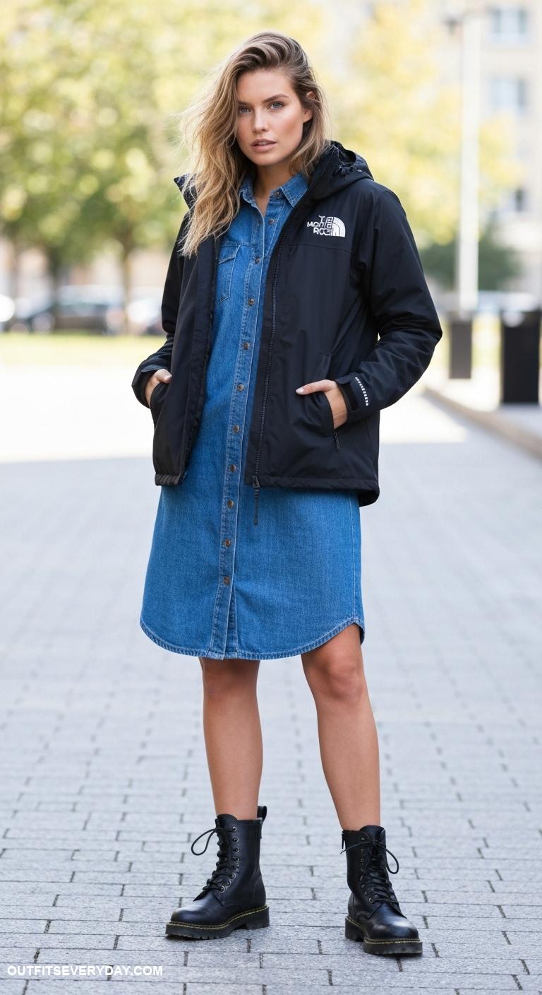 north face jacket outfit Match with a denim dress and combat boots for an edgy ensemble