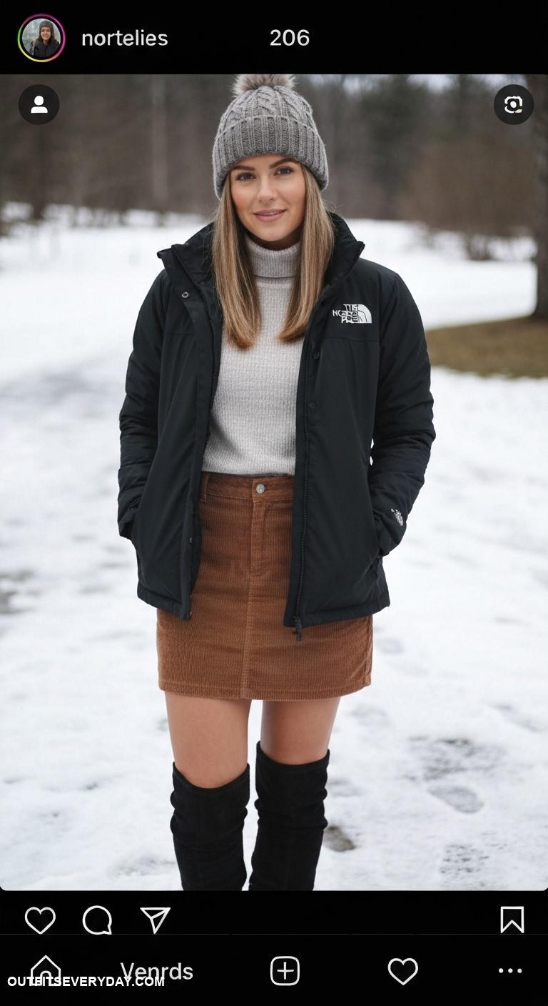 north face jacket outfit Pair with a turtleneck sweater and corduroy skirt for winter chic