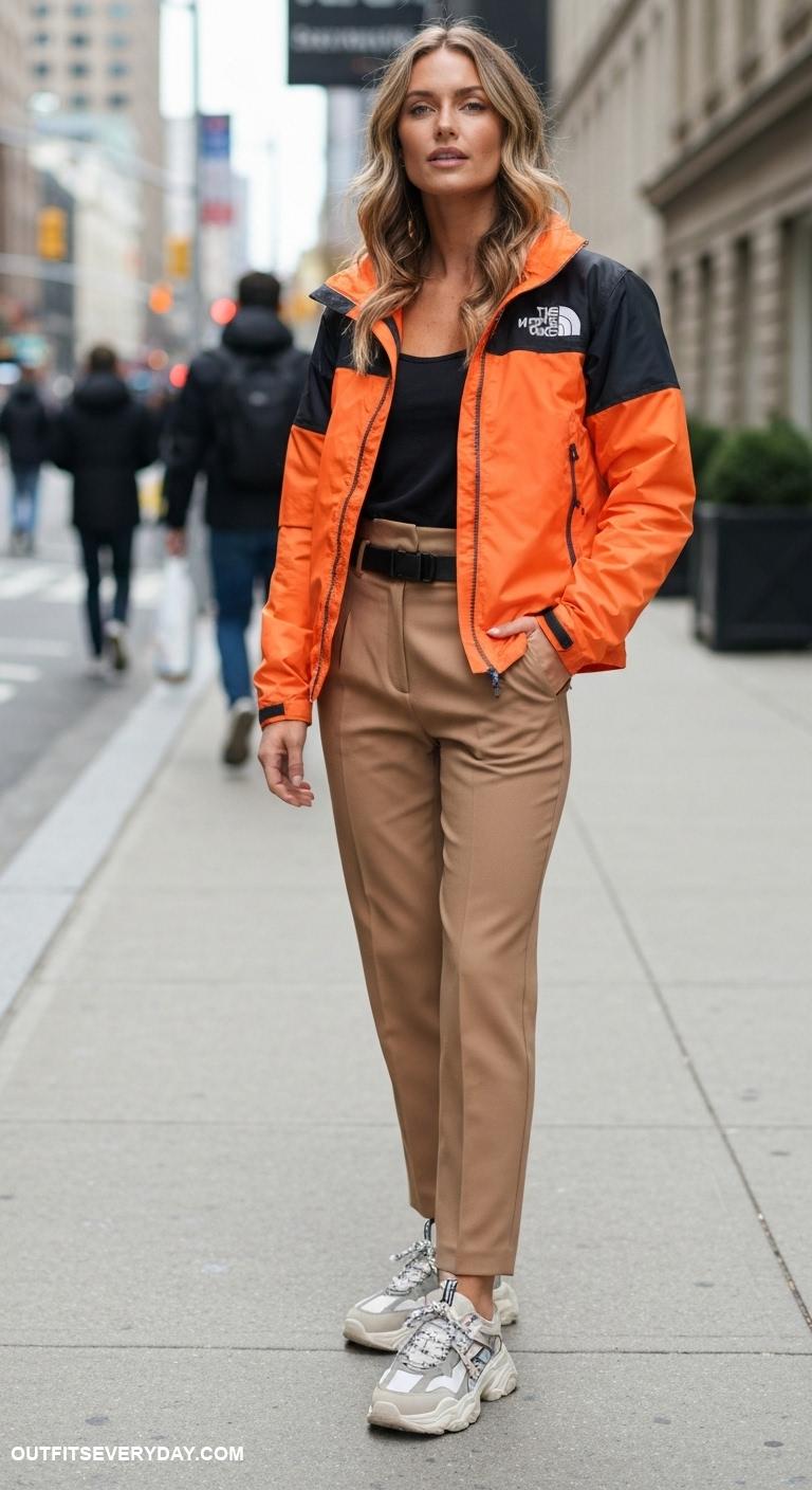 north face jacket outfit Style with high waisted trousers and chunky sneakers for a trendy outfit
