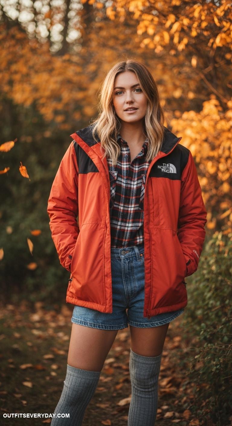 north face jacket outfit Team up with a flannel shirt and over the knee socks for cozy warmth
