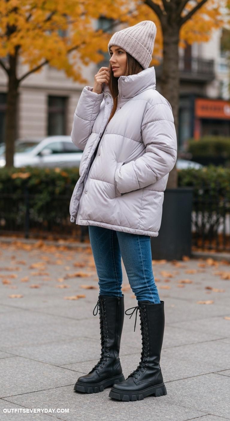 puffer jacket outfit Accessorize a puffer jacket with chunky boots and beanie for warmth