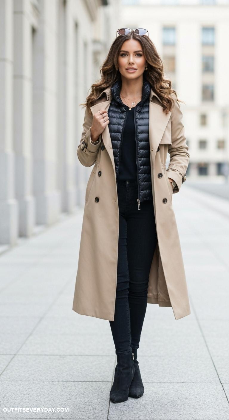 puffer jacket outfit Layer a puffer jacket under a trench coat for chic sophistication
