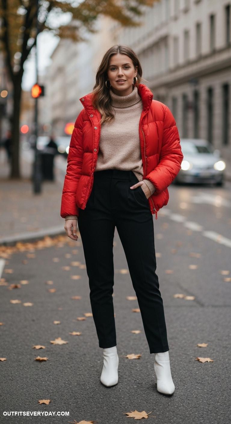 puffer jacket outfit Pair a vibrant puffer with neutral tones for striking balance