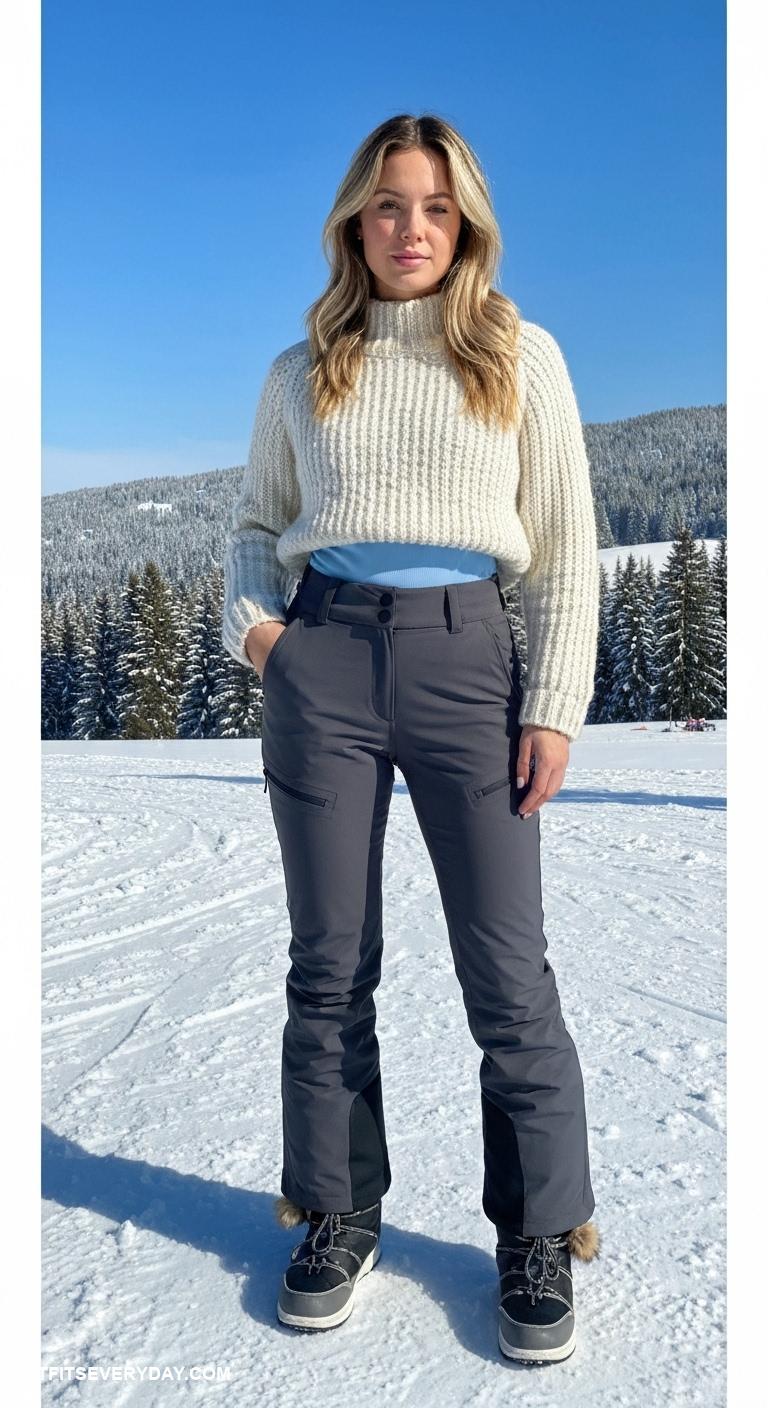 ski sweater outfits Chunky knit sweater over thermal base layer with high waist ski pants