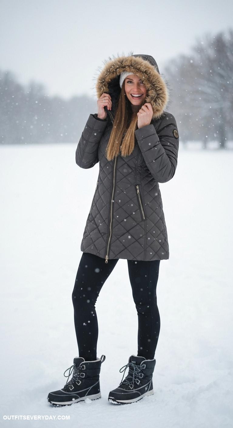 snow boots outfit Combine snow boots with a quilted parka and leggings for warmth
