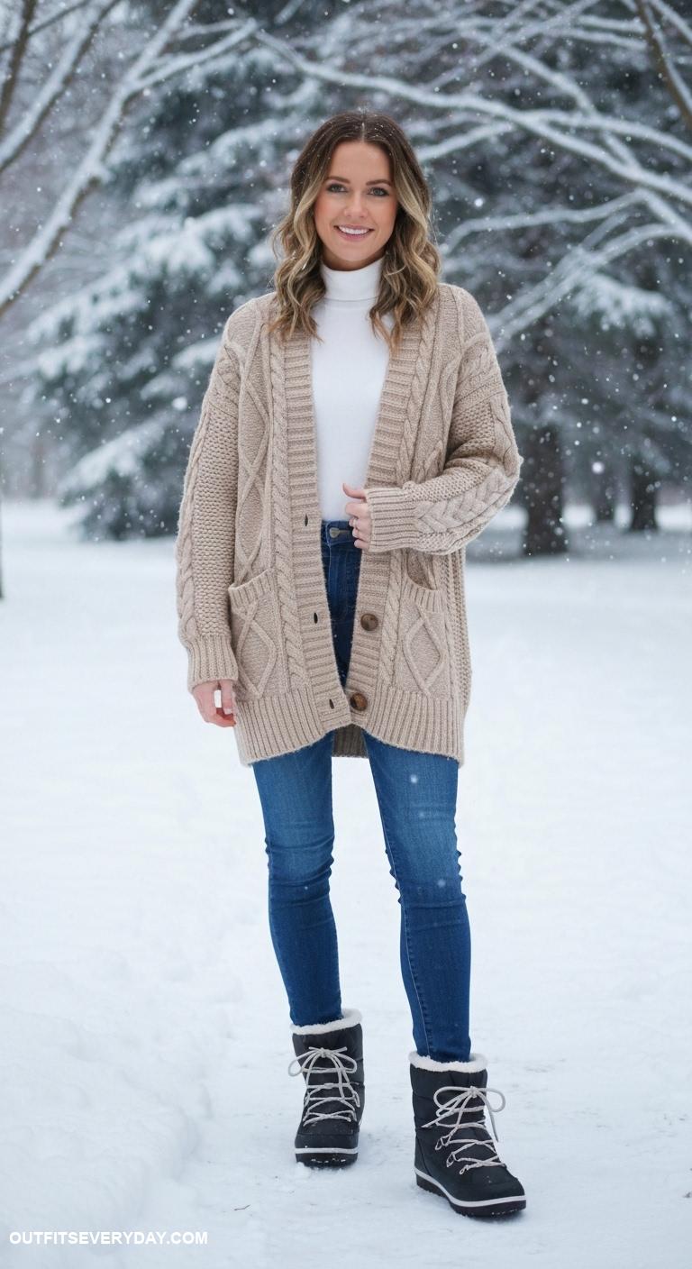 snow boots outfit Combine snow boots with an oversized cable knit cardigan and skinny jeans