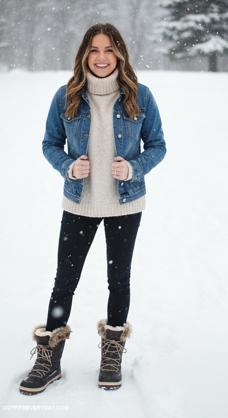snow boots outfit Layer a turtleneck under a denim jacket with snow boots for casual vibes