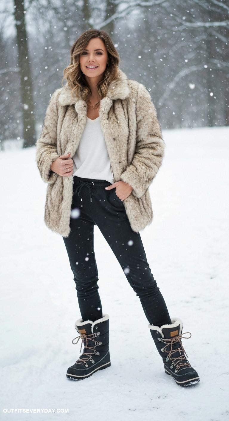 snow boots outfit Match snow boots with a faux fur coat and fitted joggers