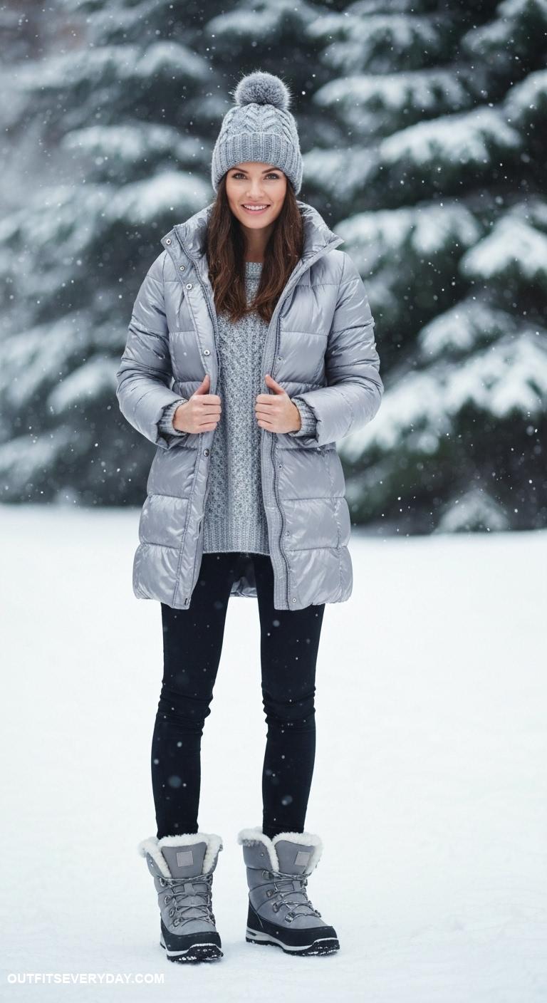 snow boots outfit Opt for snow boots with a monochromatic puffer coat and beanie