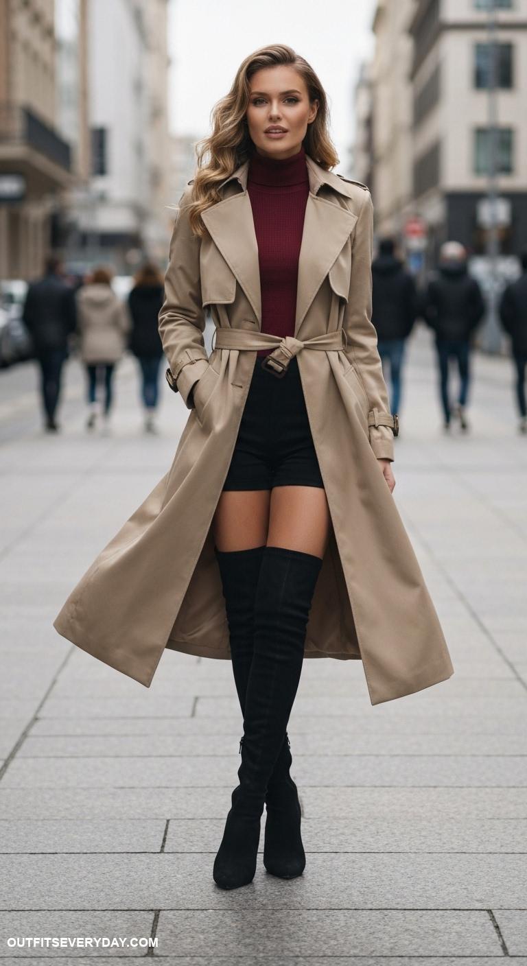 thigh high boots outfit Style thigh highs with a long trench coat and a fitted turtleneck outfit