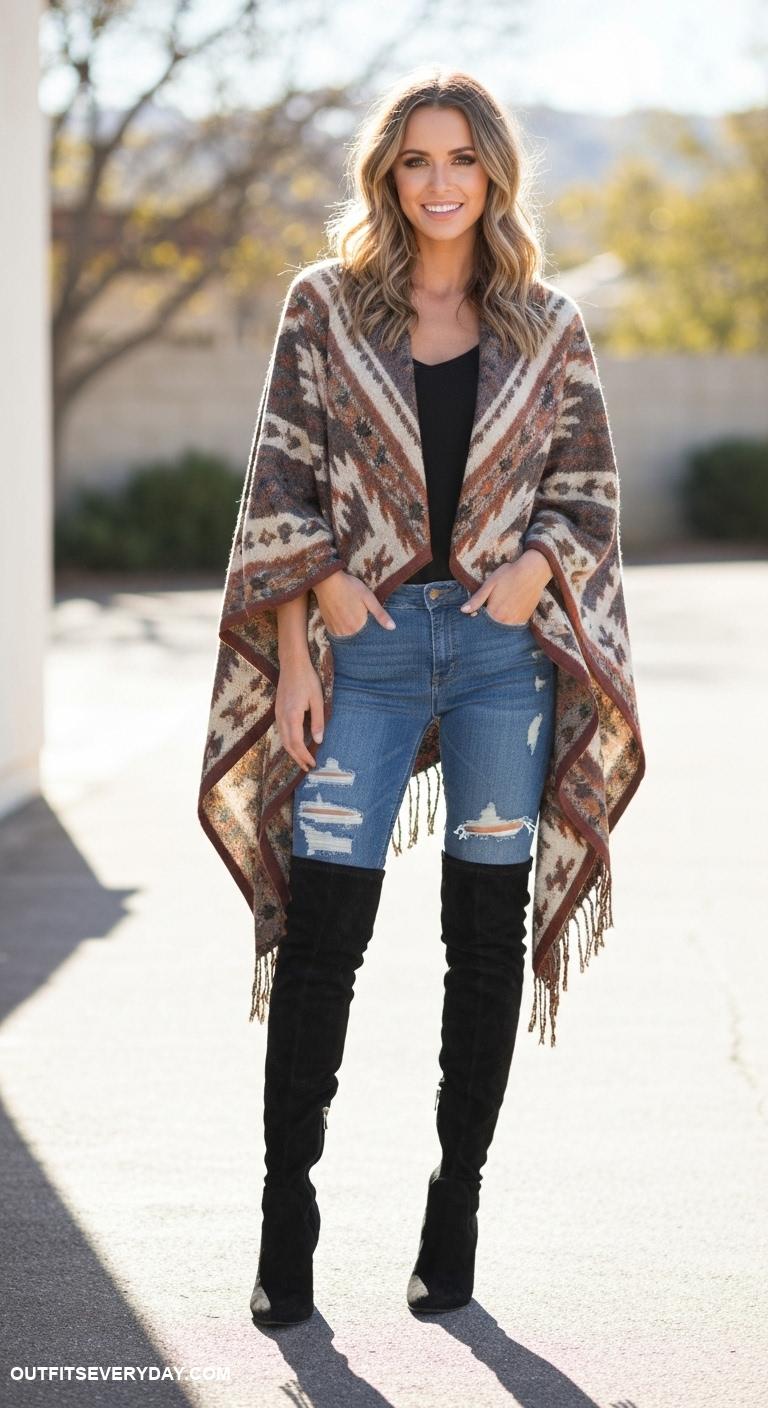 thigh high boots outfit Wear thigh highs under a bohemian poncho and distressed jeans for comfort