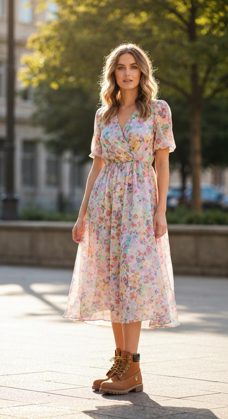 timberland boots outfit Match with a floral midi dress for a feminine touch