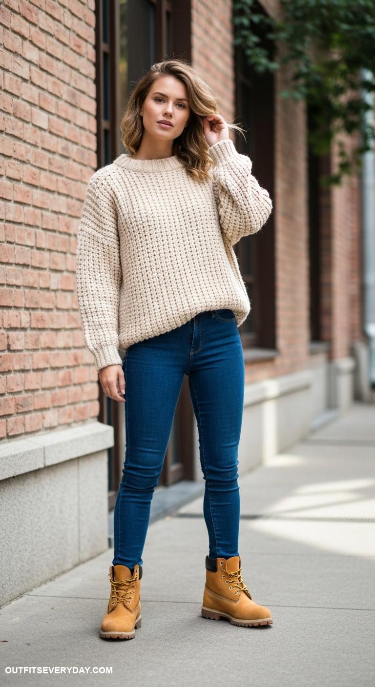 timberland boots outfit Style with a chunky knit sweater and fitted jeans