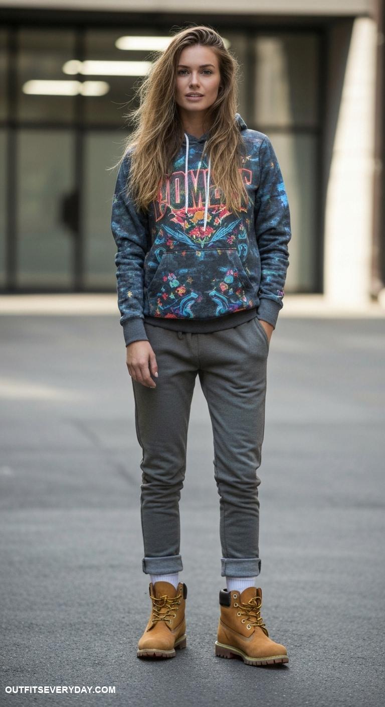 timberland boots outfit Teamed with joggers and a graphic hoodie for a casual vibe