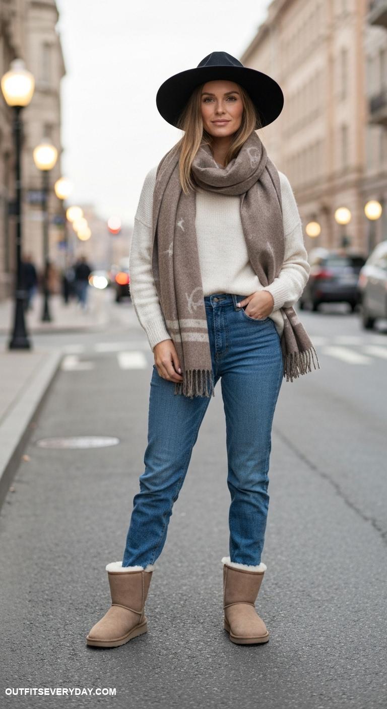 ugg boots outfit Accessorize with a wide brim hat and oversized scarf for added flair