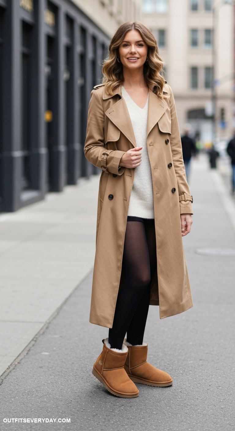 ugg boots outfit Layer under a long trench coat and pair with tights for a polished appearance