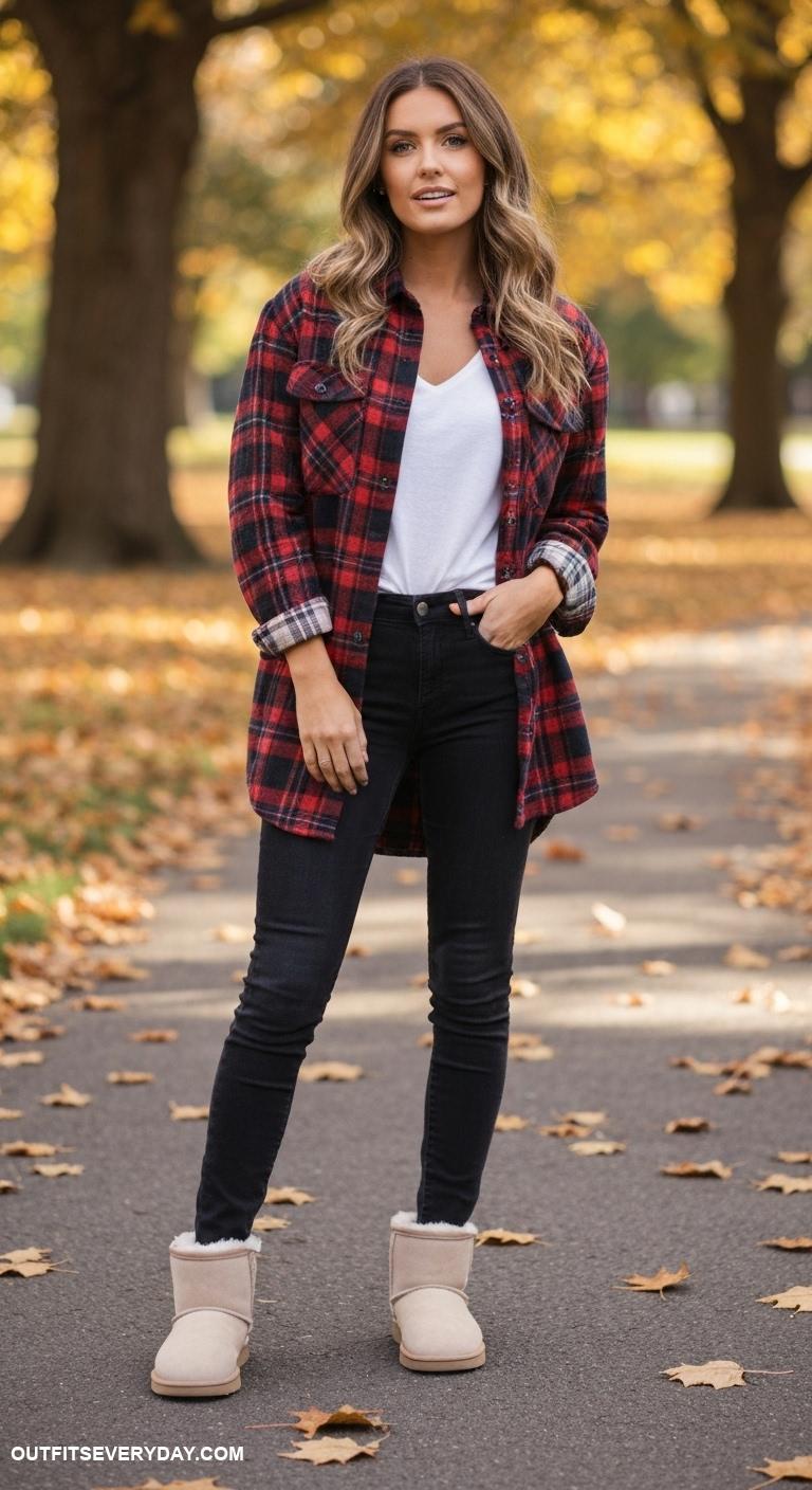 ugg boots outfit Layer with an oversized plaid shirt and skinny jeans for a casual outing
