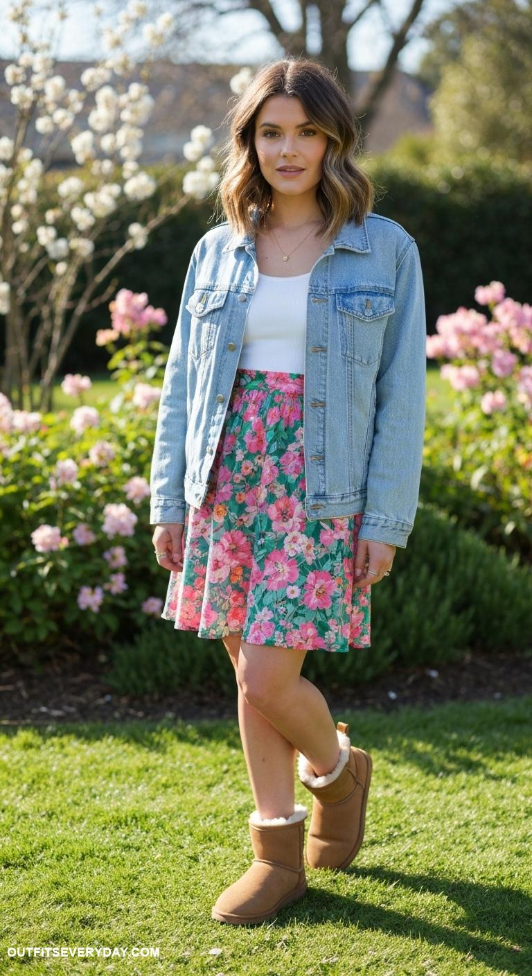 ugg boots outfit Top with a denim jacket and floral dress for a boho inspired outfit