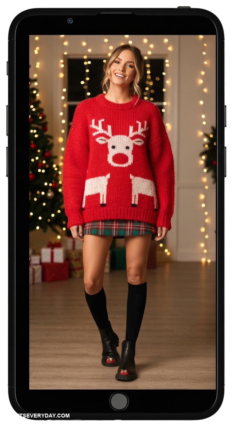 ugly christmas sweater outfit Bright red oversized sweater with reindeer and plaid mini skirt