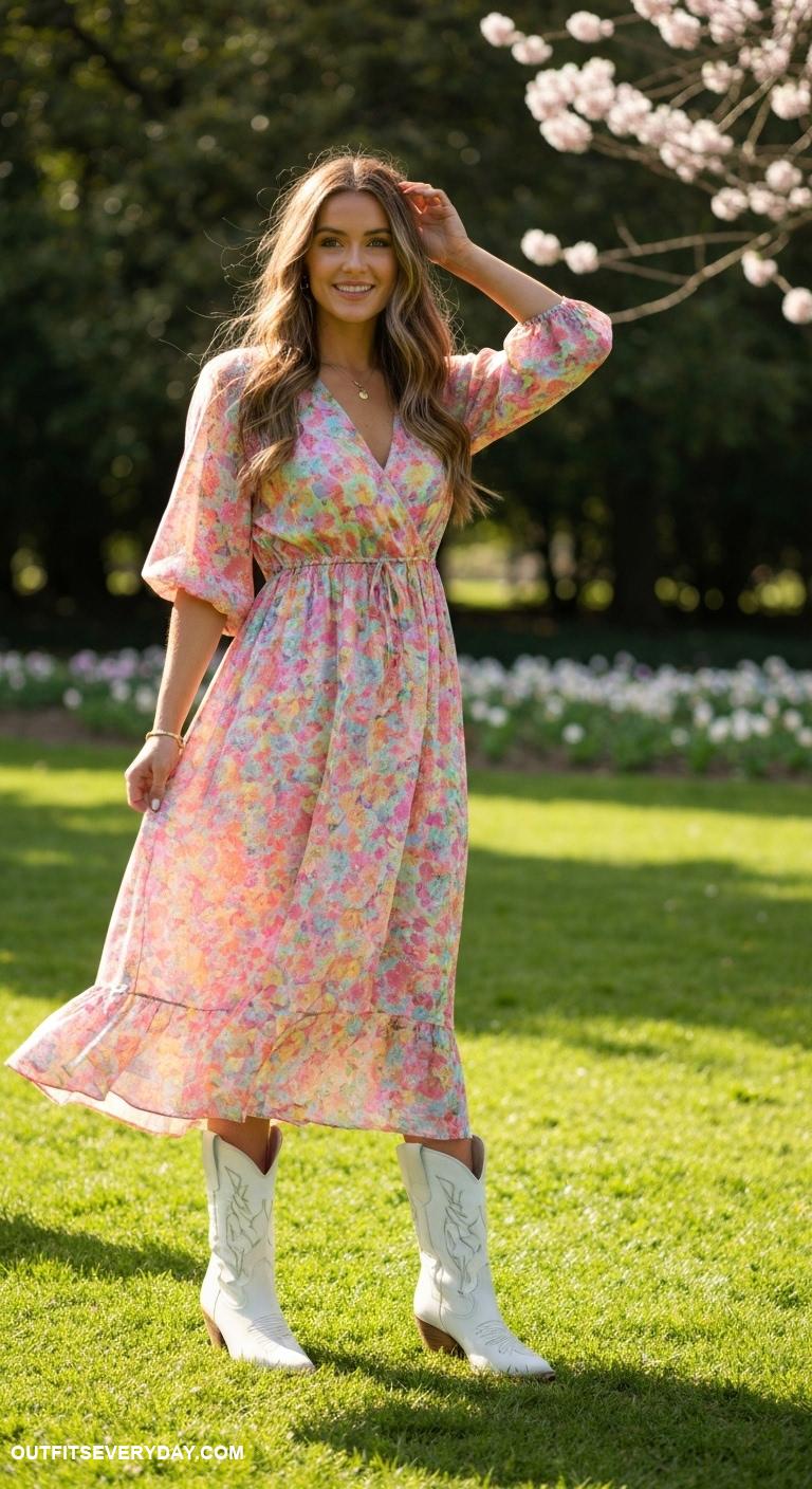 white boots outfit Add white western boots to a flowy maxi dress for a trendy twist