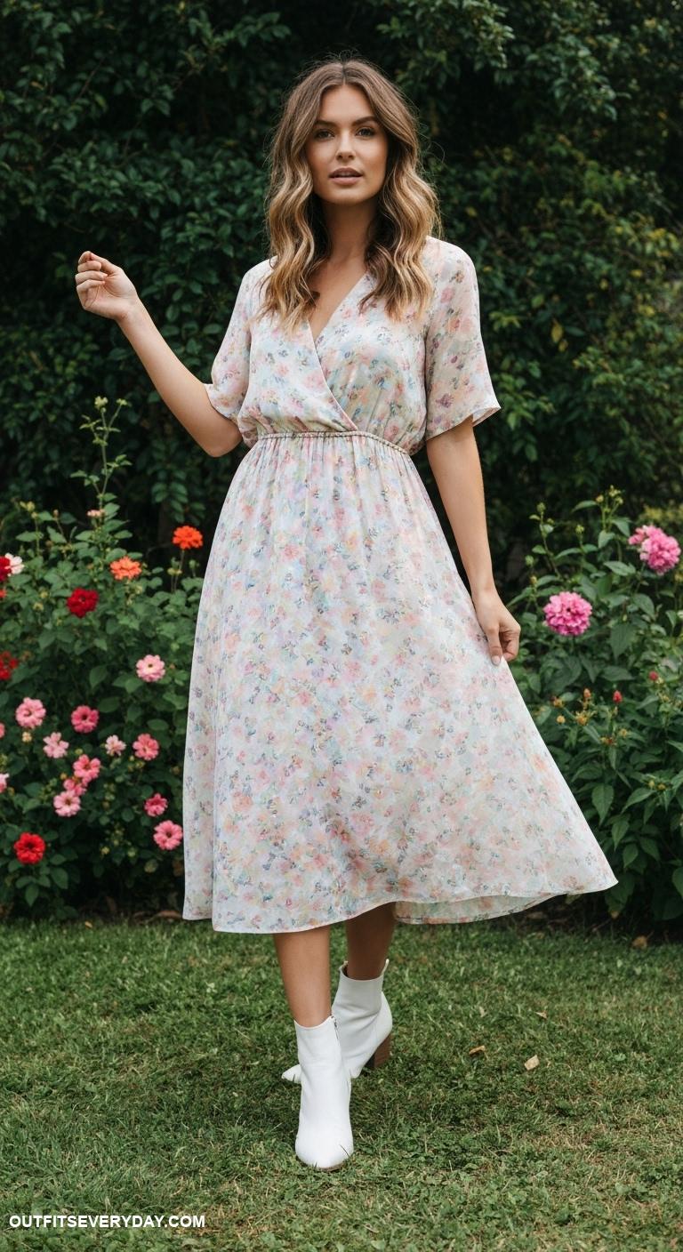 white boots outfit Pair white ankle boots with a floral midi dress for a boho vibe