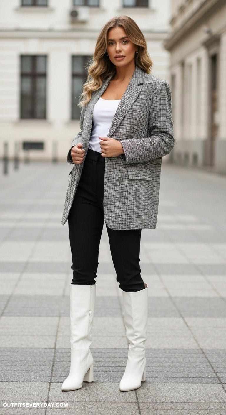 white boots outfit Style white knee high boots with tailored pants and an oversized blazer