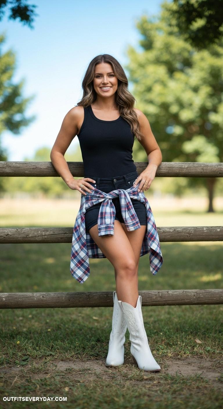 white cowboy boots outfit Accessorize white cowboy boots with a plaid shirt tied around a fitted tank