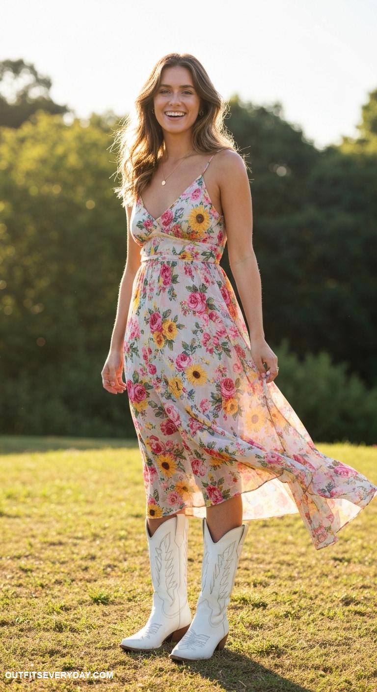 white cowboy boots outfit Style white cowboy boots with a flowy floral maxi dress for a bohemian look