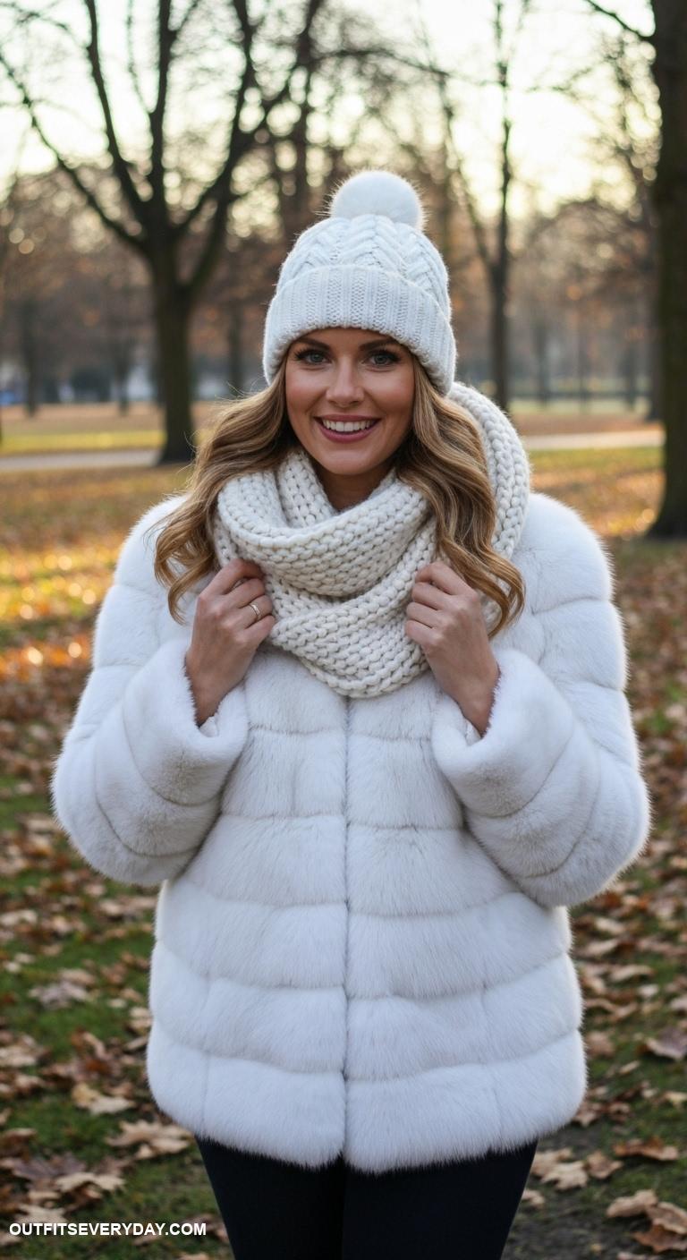 white fur coat outfit Accessorize with a chunky knit scarf and beanie for a cozy day out