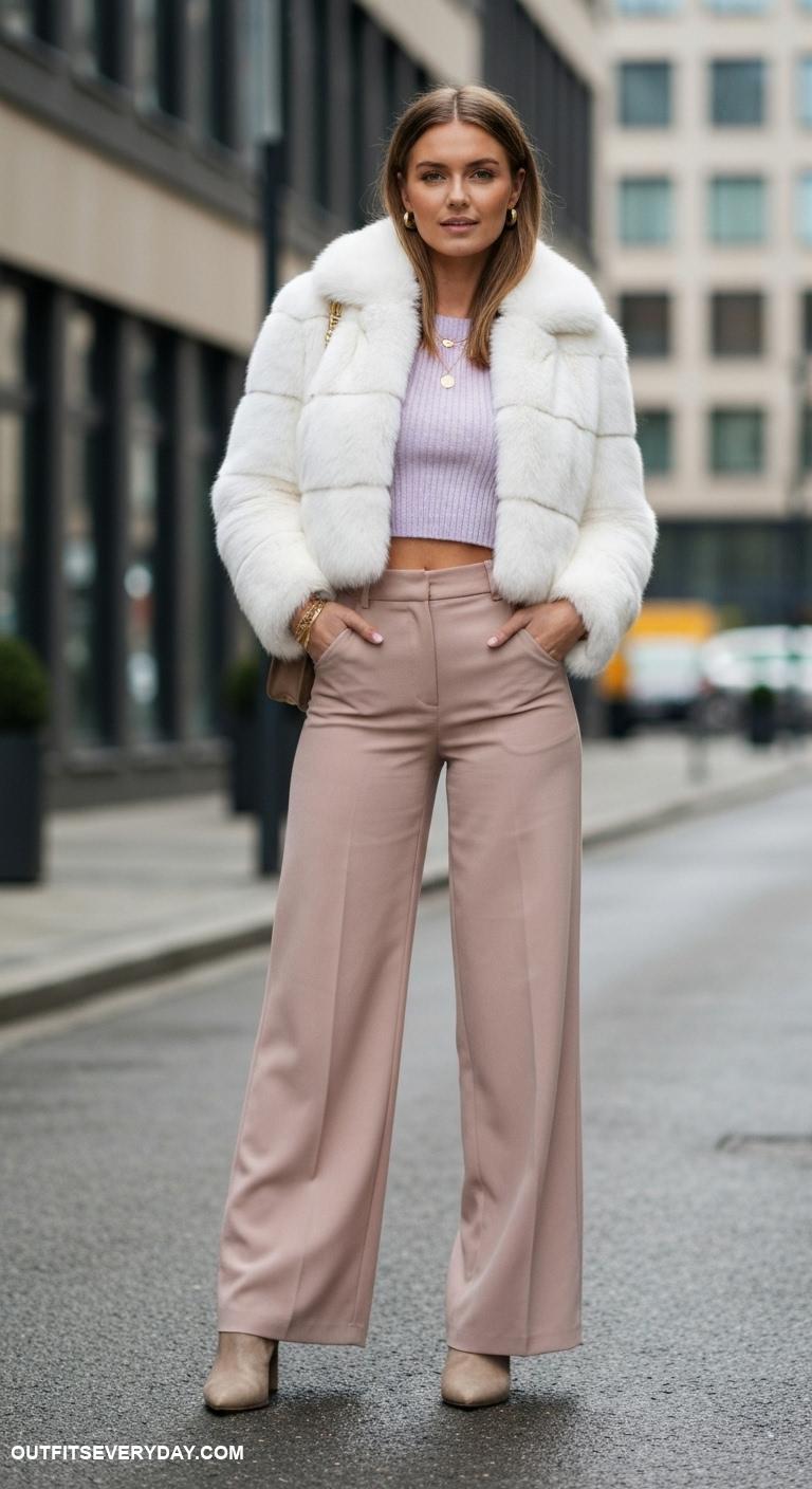 white fur coat outfit Combine with wide leg pants and a cropped sweater for modern style