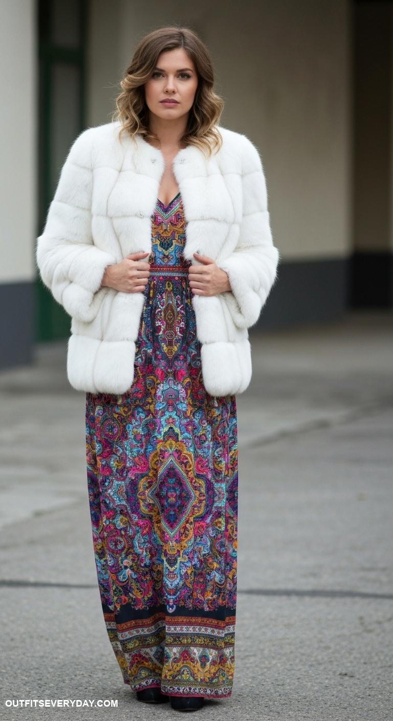 white fur coat outfit Layer over a vibrant printed maxi dress for a bold statement look