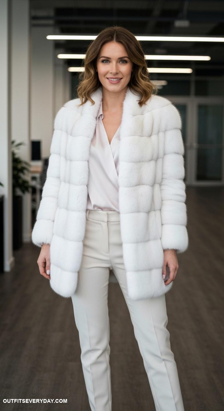 white fur coat outfit Match with tailored trousers and a silk blouse for office chic