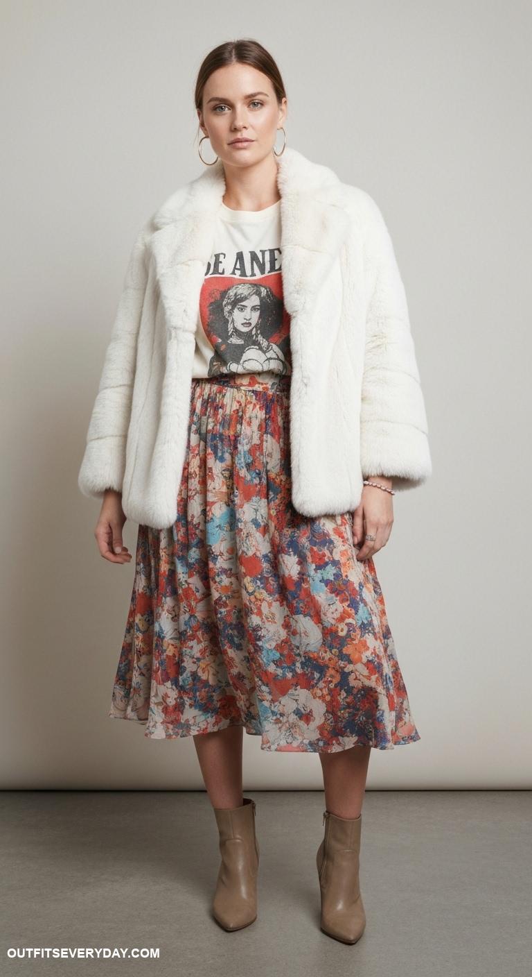 white fur coat outfit Style with a midi skirt and graphic tee for a trendy contrast