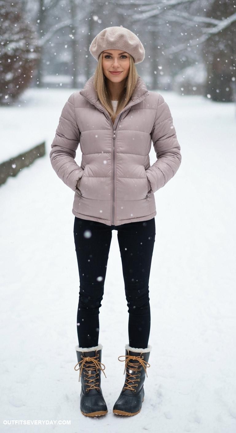 winter boots outfit Accessorize duck boots with a puffer jacket and wool beret for chic warmth