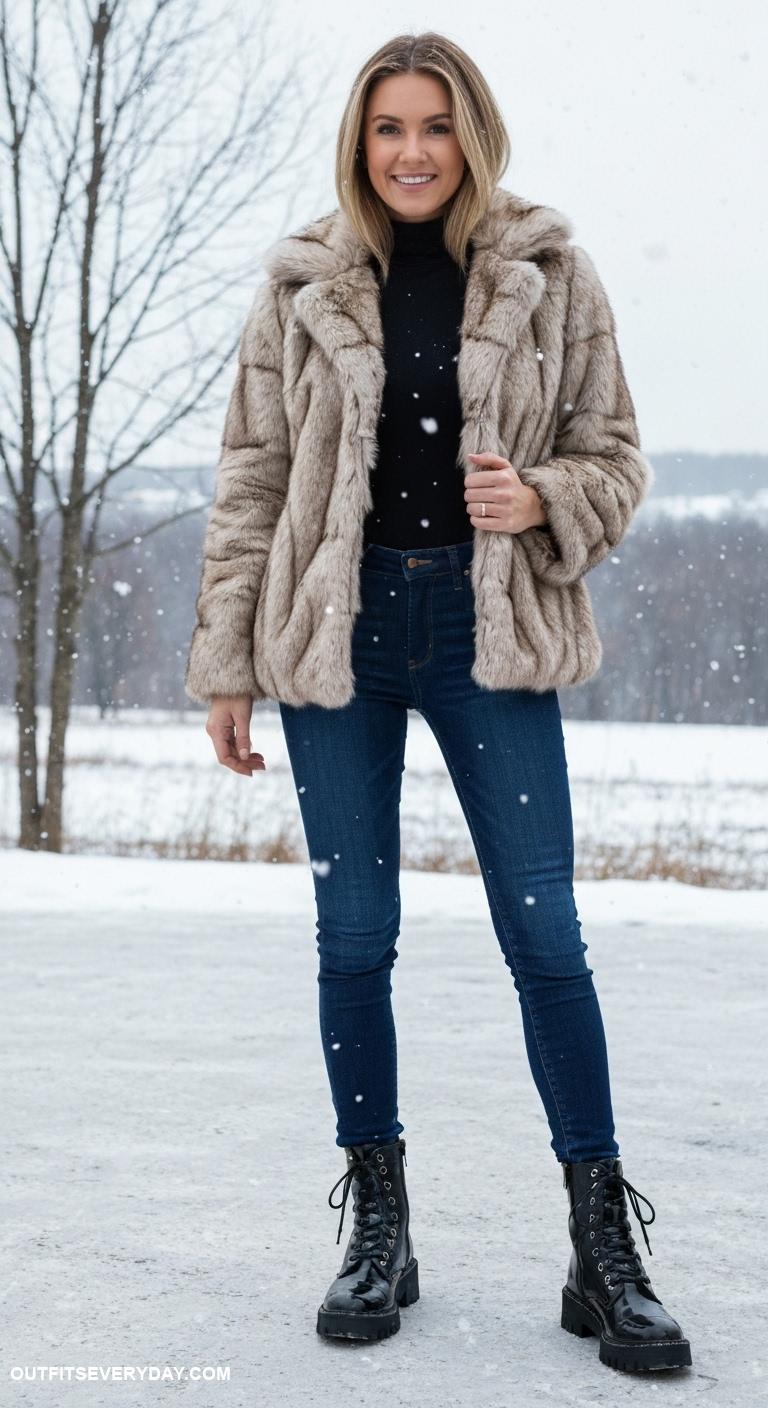 winter boots outfit Combine lace up combat boots with a faux fur jacket and skinny jeans
