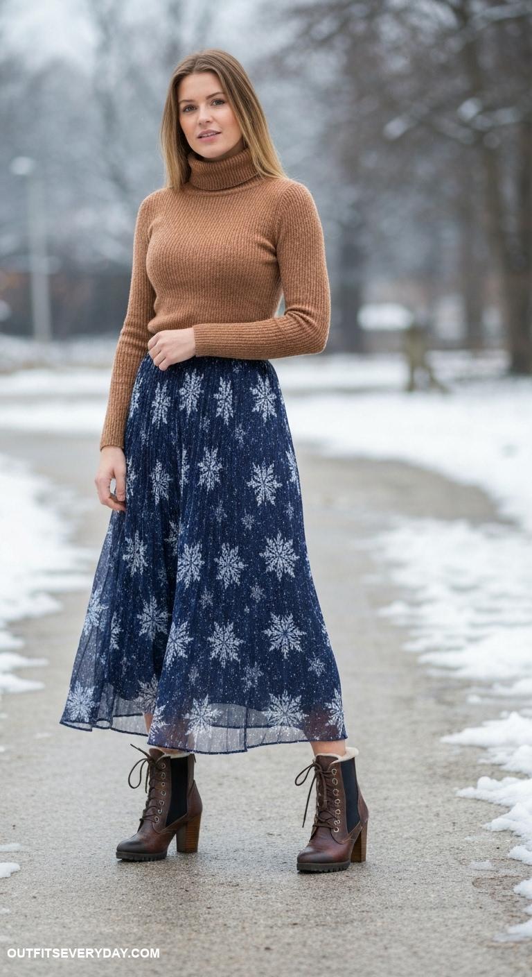 winter boots outfit Mix heeled winter boots with a fitted turtleneck and pleated maxi skirt