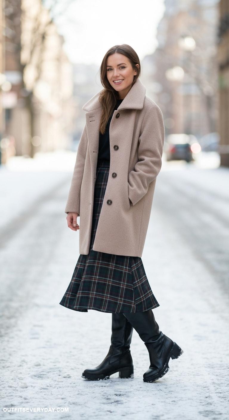 winter boots outfit Style knee high leather boots with a plaid midi skirt and oversized coat