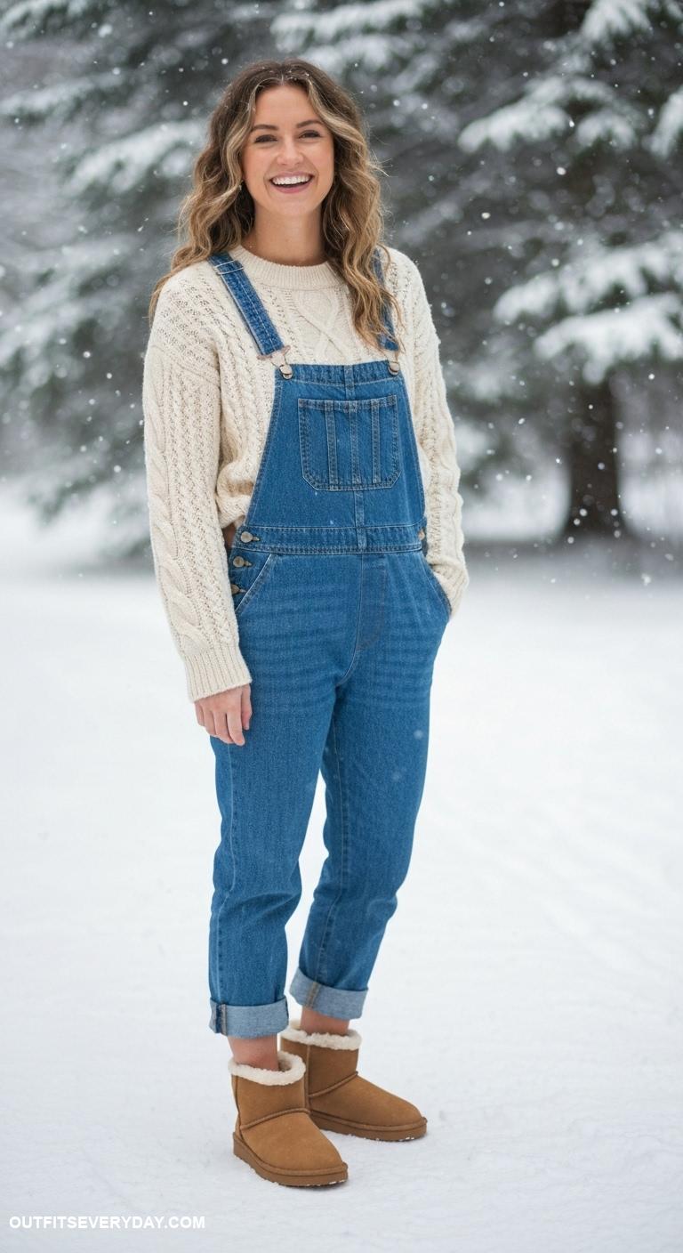 winter boots outfit Team shearling lined boots with a cable knit sweater and denim overalls