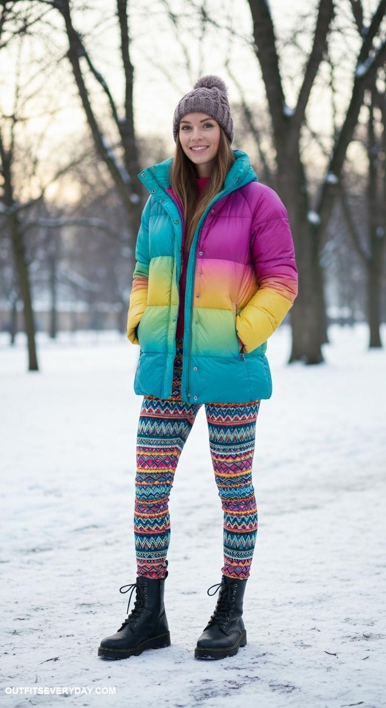 winter coat outfits Colorful down coat matched with patterned leggings and combat boots