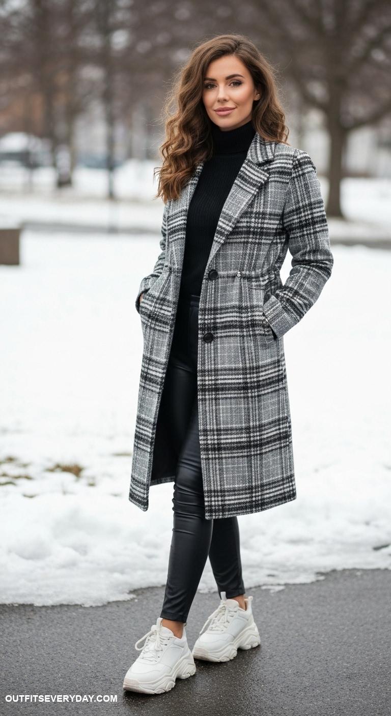 winter coat outfits Long plaid coat paired with leather leggings and chunky sneakers
