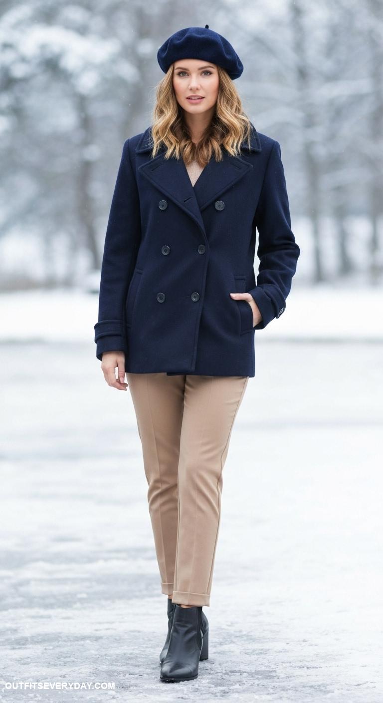 winter coat outfits Peacoat accessorized with a beret and tailored trousers